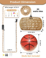 Rattan Boho Hanging Light,12.6'' Natural Hand Woven Fabric Drum Light,Plug Into Wall Outlet Pendant Light Fixture On/Off Switch for Dining,Living Room,Bedroom,Kitchen,Hallway Entryway, Without Bulb Dgroositon