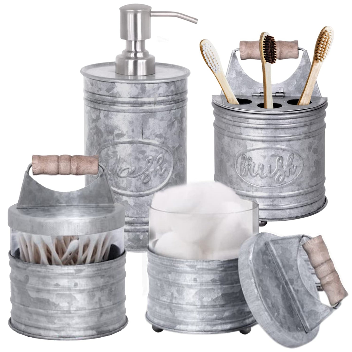 Autumn Alley Rustic Bathroom Accessories Set 4 - Galvanized Soap Dispenser, Rustic Toothbrush Holder, 2 Apothecary Jars Qtip Holder - Rustic Bathroom Decor – Farmhouse Bathroom Accessories