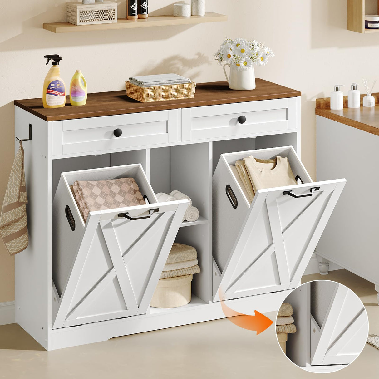 HOOBRO Double Tilt Out Laundry Hamper Cabinet, 41.7" Hidden Laundry Cabinet, with Open Shelving and 2 Removable Baskets, Farmhouse Laundry Storage Basket, for Bathroom, White and Walnut WH11XY01 HOOBRO