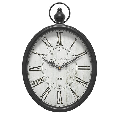 Menterry Oval Retro Wall Clock, Rustic Vintage Style, Black Antique Design, Battery Operated Silent Decor Large Wall Clocks for Kitchen,Farmhouse,Office (15.5" H x 10.5" W) Menterry
