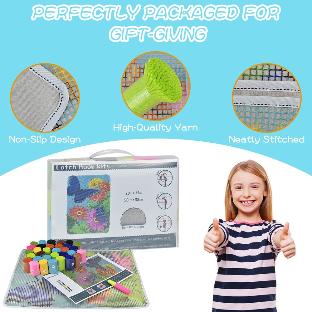Yjunue Butterfly Floral Latch Hook Kits for Adults, DIY Crochet Yarn Rugs Hooking Craft Kit with Color Preprinted Pattern Design for Kids Adults and Beginners(Butterfly, 20 x 15in) Yjunue