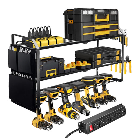 27" W Garage Tool Organizer Wall Mount with Charging Station - 7 Drill Holder, 3-Layer Drill Holder Rack for Workshop, Cordless Tool Organizer with Screwdriver Holder- Gift for Dad, Men (Black) SavvyMate