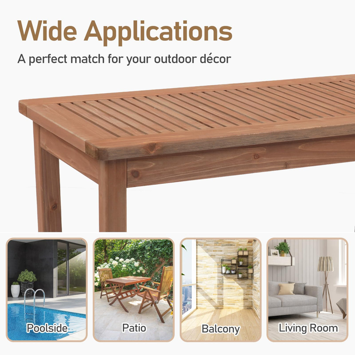 VINGLI Outdoor Wood Coffee Table, 35" Farmhouse Side Table for Patio, Solid Cedar Wood Accent Table with Slatted Tabletop, Weather-Resistant End Table for Garden, Poolside, Lawn, Living Room (Brown) VINGLI