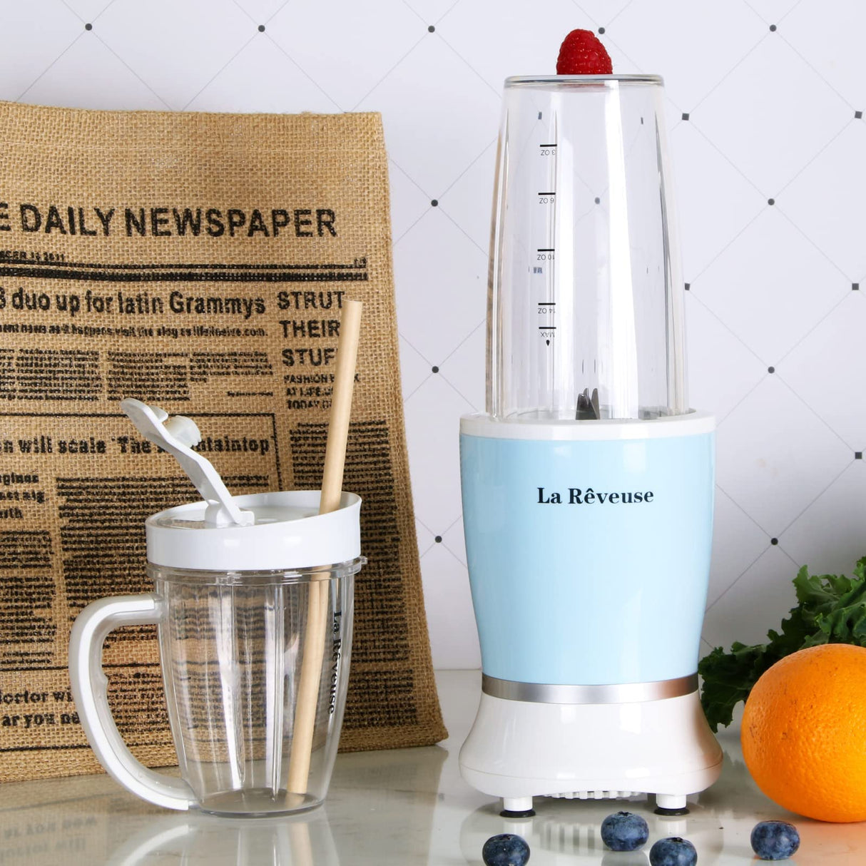 La Reveuse Personal Size Blender 250 Watts Power for Shakes Smoothies Seasonings Sauces with 1 Piece 15 oz Cup,1 Piece 10 oz Mug,BPA-Free (Sky Blue) La Reveuse