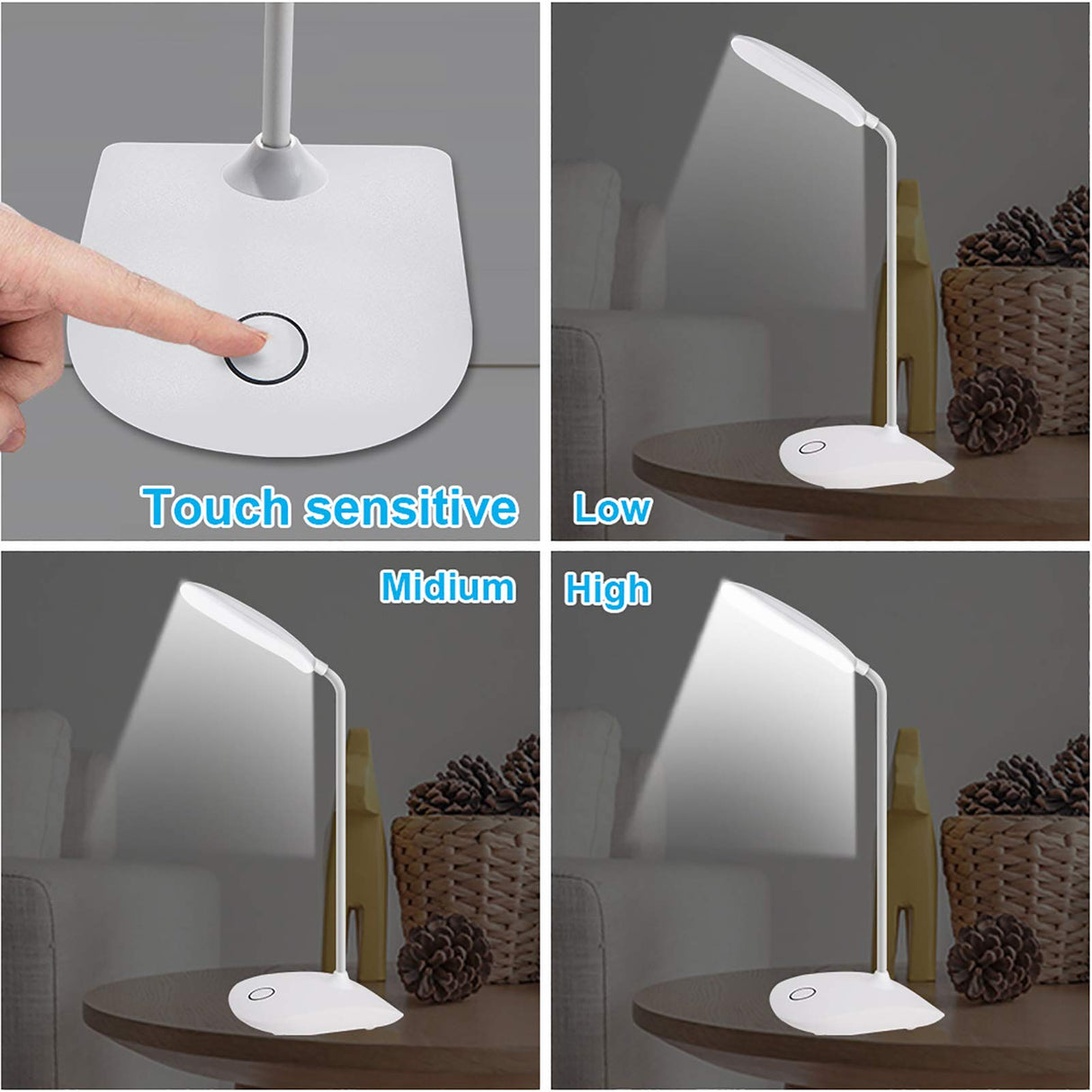 DEEPLITE LED Desk Lamp with Flexible Gooseneck 3 Level Brightness, Battery Operated Table Lamp 5W Touch Control,Compact Portable lamp for Dorm Study Office Bedroom,Eye-Caring and Energy Saving DEEPLITE