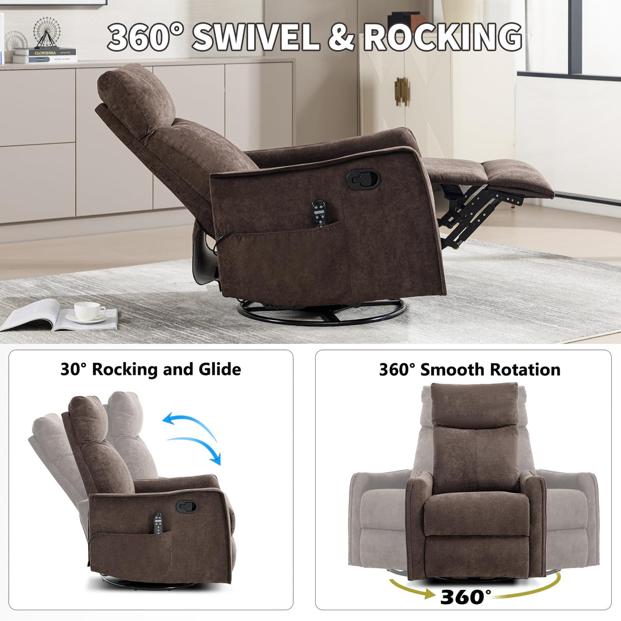 Trustyue Swivel Rocker Recliner Chair, 360° Swivel Recliner with Heat and Massage, Rocker Recliner Easy to Clean Nursery Glider Recliner Chair with Side Pockets for Living Room Brown Trustyue