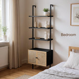 SOLACE FURNITURE Rattan Bookcase, 6 Tier Ladder Bookshelf with Rattan Cabinet, Wall Mount Tall Bookshelves and Bookcases with Metal Storage Shelves Display for Living Room Bedroom Home Office, Black SOLACE FURNITURE