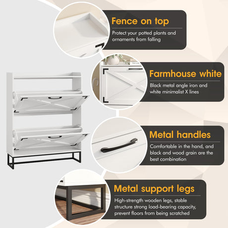 Maupvit Shoe Storage Cabinet with 2 Flip Drawers, Freestanding Organizer with Metal Legs for Entryway, Narrow Shoe Rack Cabinet, Black White Maupvit