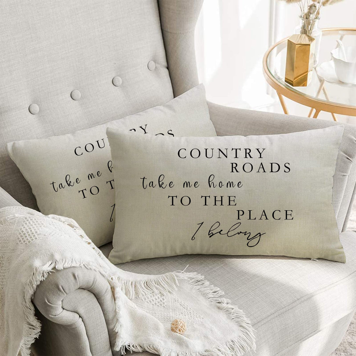 Ussap Lumbar Country Roads Take Me Home Christmas Rectangle Decorative Throw Pillow Cover, Rustic Quote Home Farmhouse Decoration, Housewarming Gift Cushion Case for Sofa Decor Cotton Linen 12 x 20 Ussap