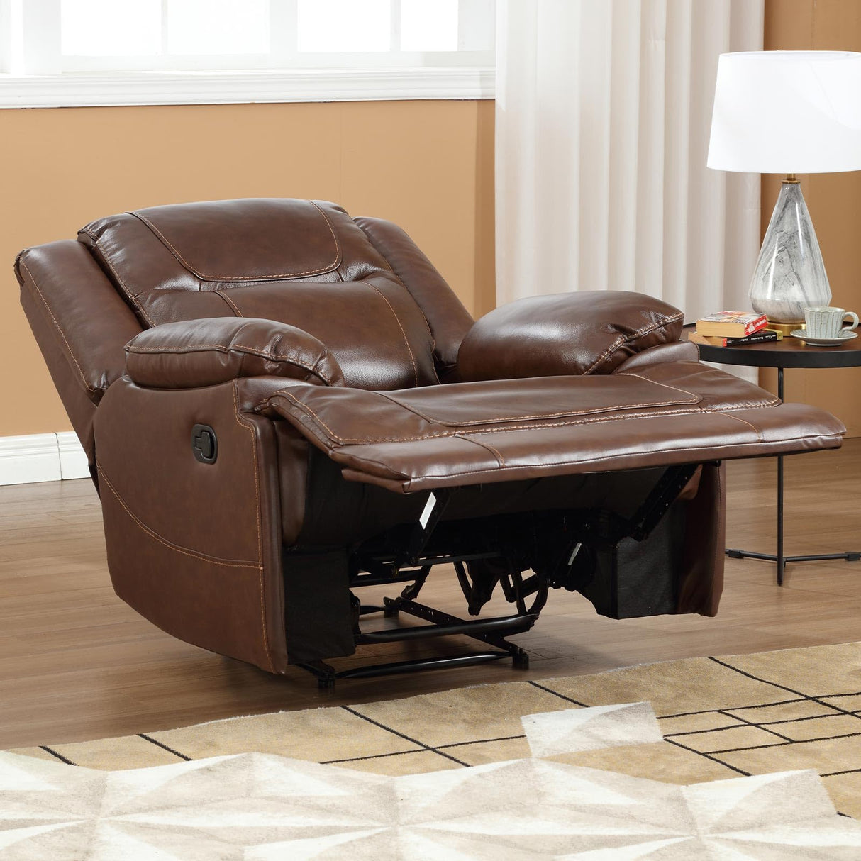 EBELLO Genuine Leather Manual Recliner Chair, Reclining Sofa Chair Couch for Living Room, Overstuffed Armrest and Padded Seat, Bedroom Furniture, Meeting Room, Brown EBELLO