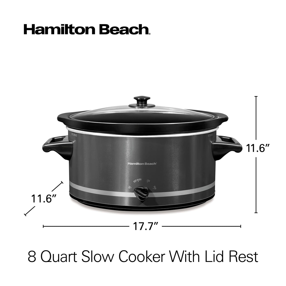 Hamilton Beach Slow Cooker with 3 Cooking Settings, Dishwasher-Safe Stoneware Crock & Glass, 8-Quart Built-In Lid Rest, Black Hamilton Beach