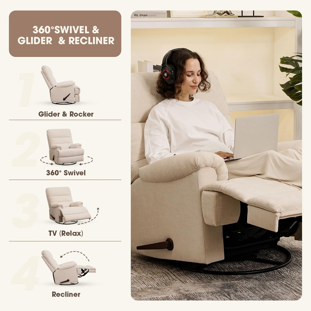 Divanus Large Glider Rocker Recliner,Beige Swivel Rocking Recliner Chair,Reclining Sofa Rocking Chair Nursery,23 Inches Deep Seat & 27 inches High Back,for Living Room, Bed Room‎ (Beige) Divanus
