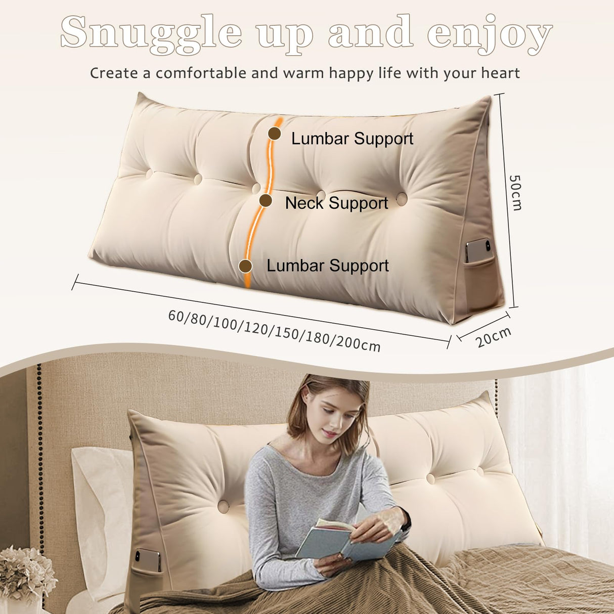 Triangular Wedge Headboard Pillow Bed Rest Backrest, Large Bolster Cushion Removable with Side Pockets Positioning Support for Reading Sitting Daybed Sofa Bunkbed, Brown 100cm (Brown-100cm) LOGICFEVER