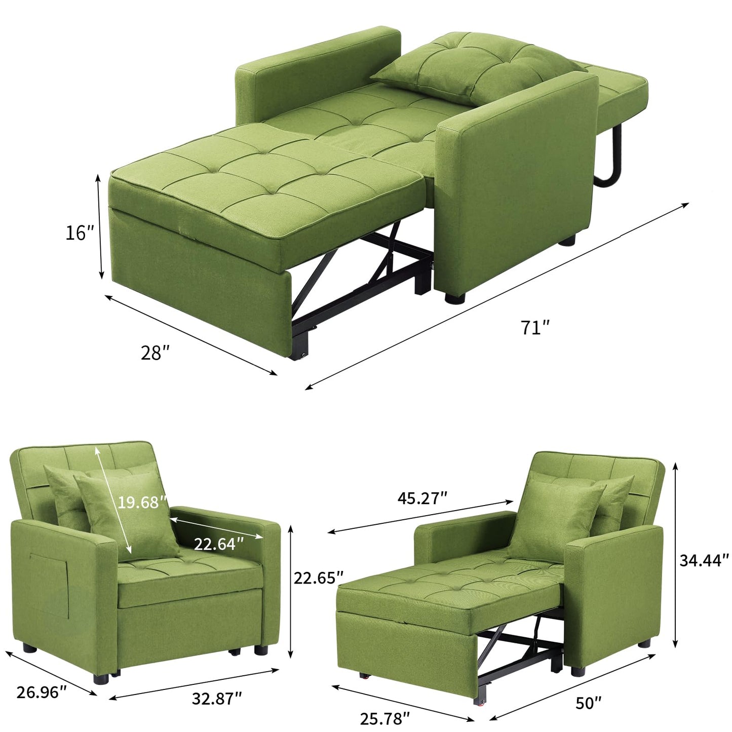 STRPRETTY BASIC Convertible Chair Bed, 3-in-1 Sleeper Chair Bed, Pull Out Folding Sofa Bed with Adjustable Backrest, Multi-Functional Single Sleeper Chair for Apartment (Green)