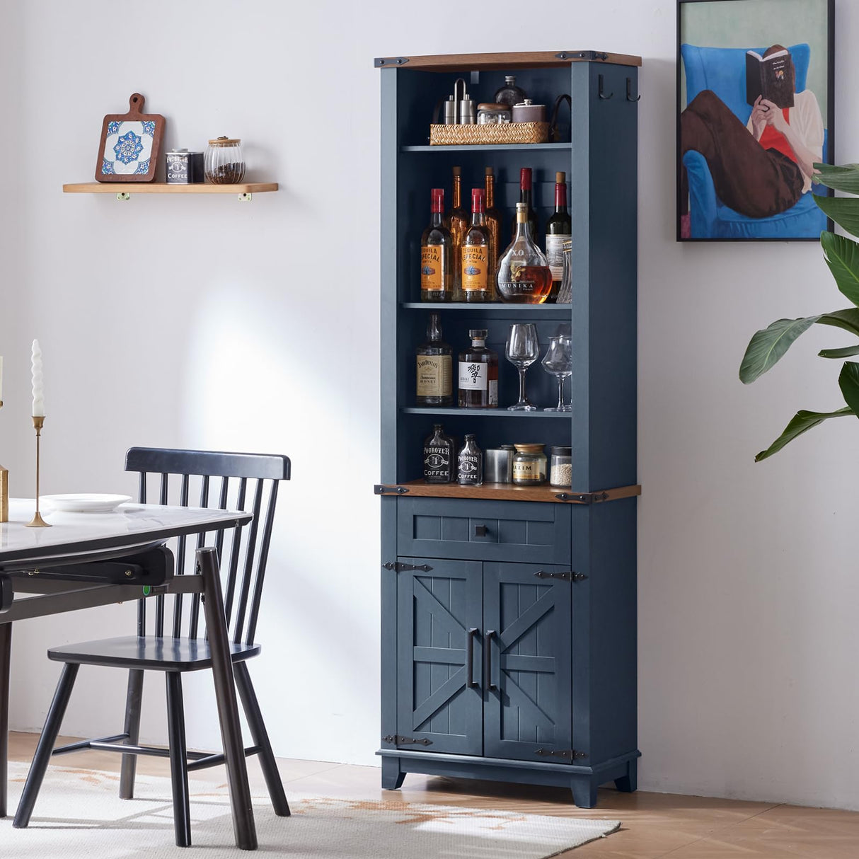 Joaxswe 72in Tall Bookshelf 7 Tier Bookcase with Drawer and Barn Doors and Adjustable Shelves, Blue Farmhouse Book Shelf with Storage Cabinet, Wood Freestanding Display Bookshelves for Living Room Joaxswe