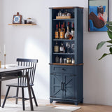 Joaxswe 72in Tall Bookshelf 7 Tier Bookcase with Drawer and Barn Doors and Adjustable Shelves, Blue Farmhouse Book Shelf with Storage Cabinet, Wood Freestanding Display Bookshelves for Kitchen (2PCS) Joaxswe