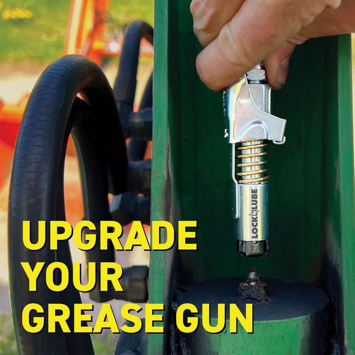 LockNLube Grease Gun Coupler locks onto Zerk fittings. Grease goes in, not on the machine. World's best-selling original locking grease coupler. Rated 10,000 PSI. Long-lasting rebuildable tool. LockNLube