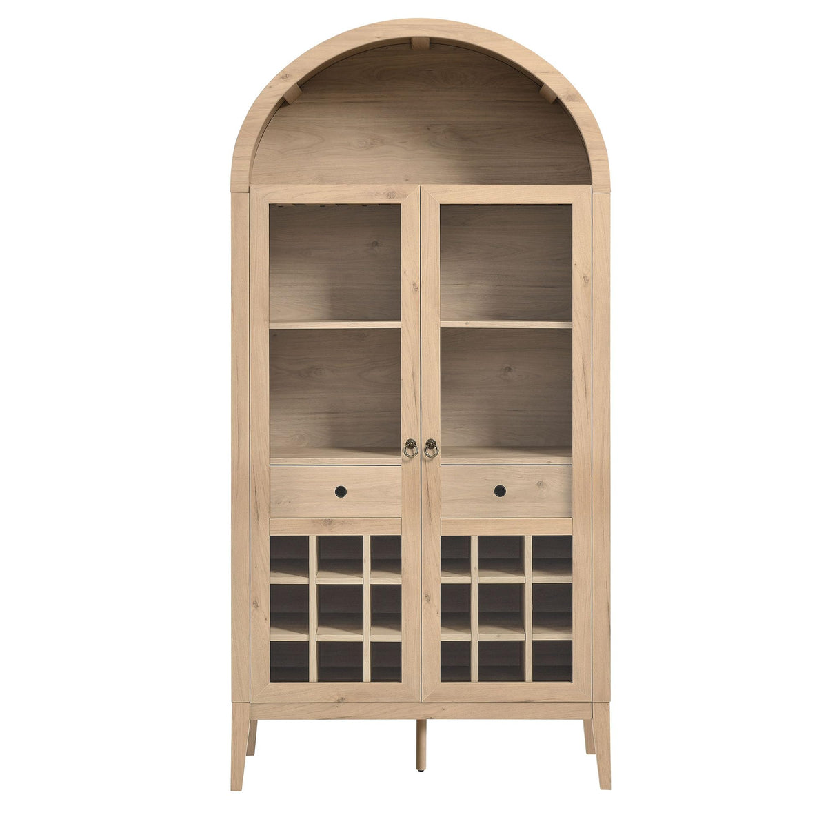Modway Nolan Modern Farmhouse Arched Bar Cabinet in Light Oak Wood Grain - 72 Inch Tall Wine Storage Cabinet with Glass Doors and Wine Rack - Large Liquor Cabinet for Dining or Living Room Modway