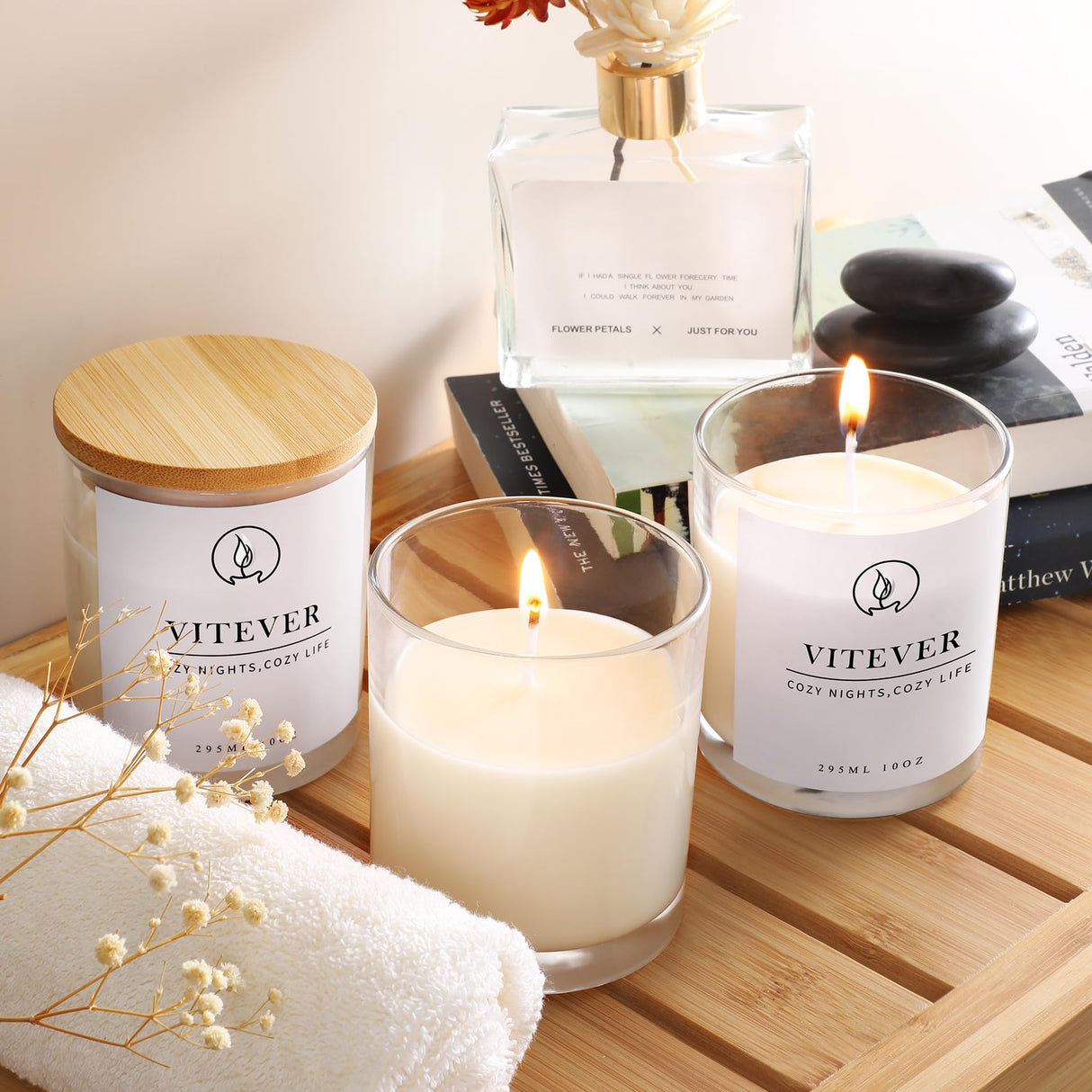 VITEVER 16 Pack, 10 OZ Thick Glass Candle Jars with Bamboo Lids and Candle Wick Kit - Bulk Clear Empty Glass Candle Jars for Making Candles - Spice, Powder Containers VITEVER