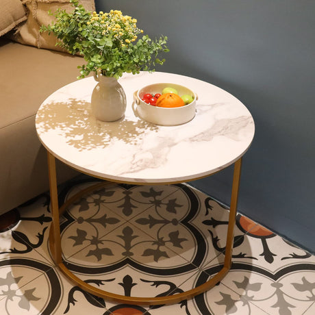 aboxoo Coffee Table Nesting White Set of 2 Side Set Golden Frame Circular Round and Marble Pattern Wooden Tables, Living Room Bedroom Apartment Modern Industrial Simple Nightstand aboxoo
