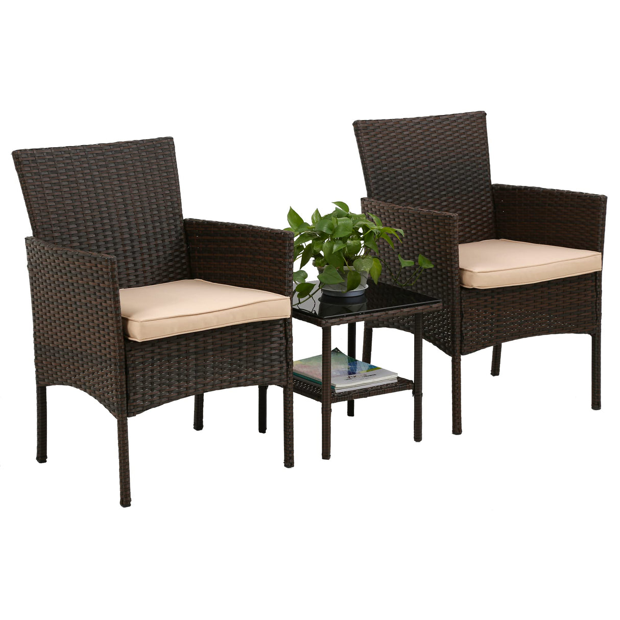 FDW Patio Bistro Conversation Set Wicker Furniture 2 Rattan Chairs Cushions and Glass Coffee Table for Porch Lawn Garden Balcony Backyard, 3 Pieces, Brown and Khaki FDW