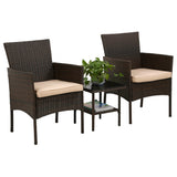 FDW Patio Bistro Conversation Set Wicker Furniture 2 Rattan Chairs Cushions and Glass Coffee Table for Porch Lawn Garden Balcony Backyard, 3 Pieces, Brown and Khaki FDW