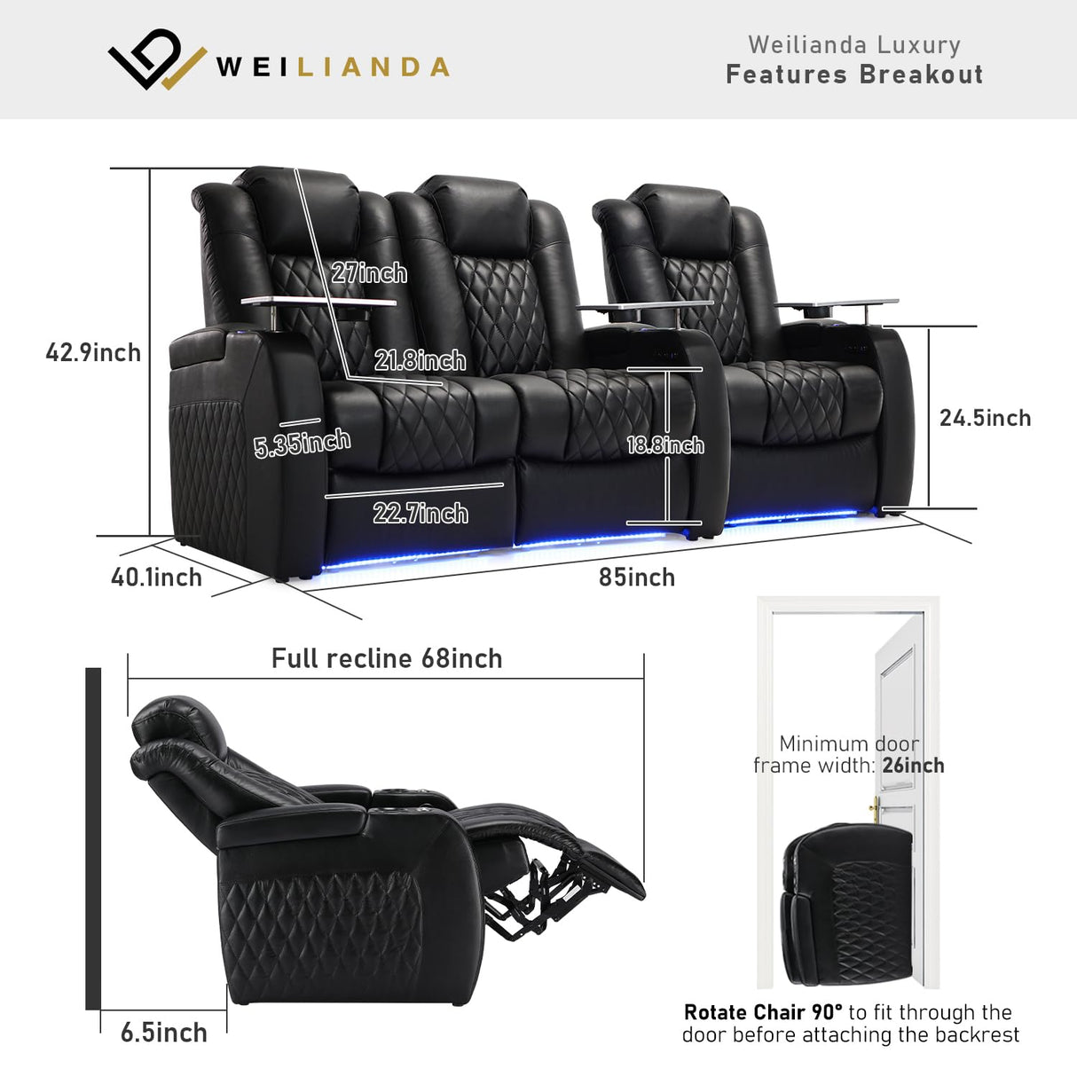Weilianda Home Theater Seating Top Grain Leather Zero Gravity Recliner Chair Power Headrest Recline Movie Seat Gaming 7 Colors Mood Light Sofa with Tray Table USB Charge Row of 3 Loveseat Right Black Weilianda