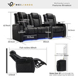 Weilianda Home Theater Seating Top Grain Leather Zero Gravity Recliner Chair Power Headrest Recline Movie Seat Gaming 7 Colors Mood Light Sofa with Tray Table USB Charge Row of 3 Loveseat Right Black Weilianda