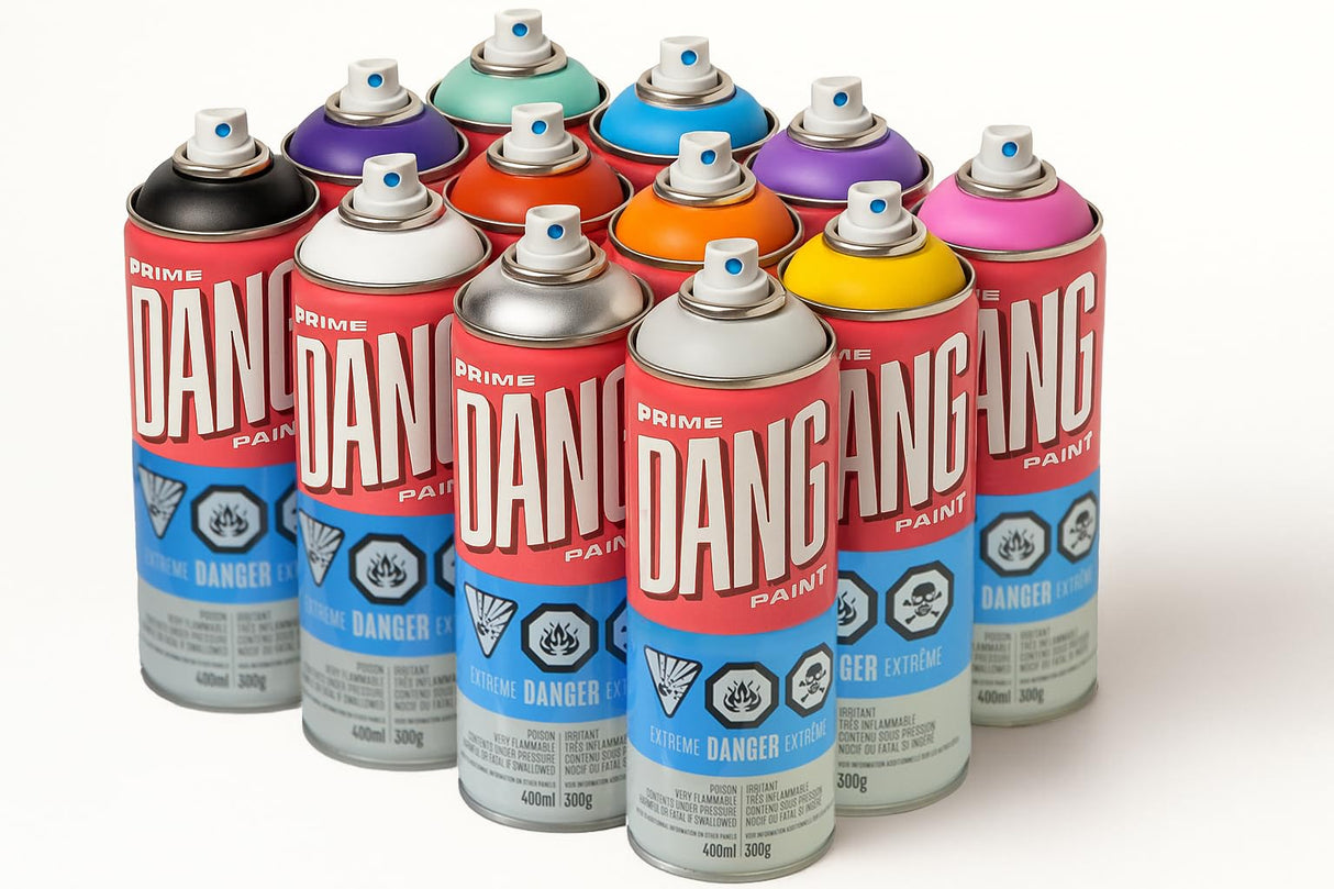 DANG Prime Spray Paint Set of 12 Popular Colors, 400ml Cans, Matte Graffiti Art Supplies, Weather Resistant Graffiti Supplies, Spray Paint for Metal, Mural, Glass, Canvas, Wood, 12 Carolina Caps DANG Paint