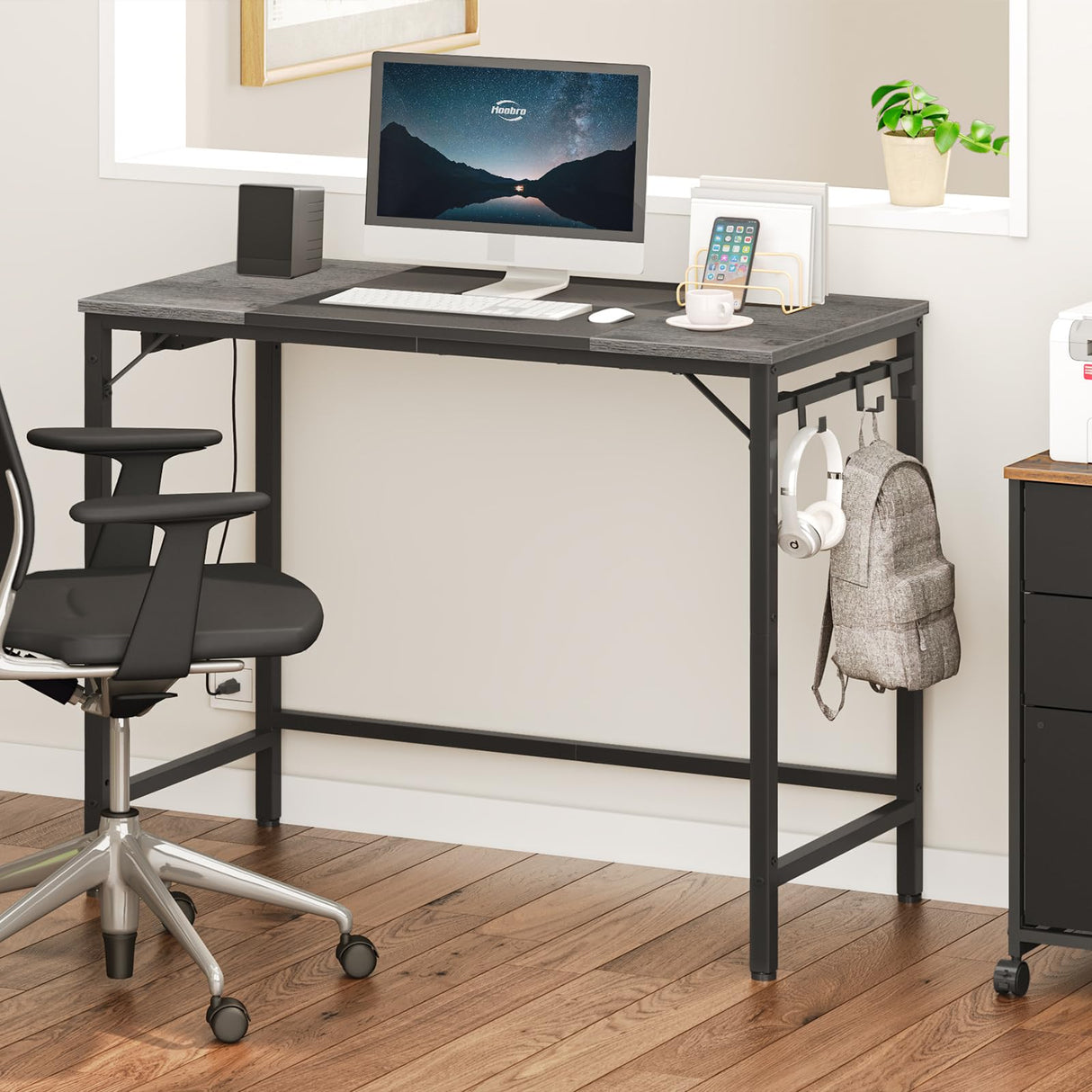 HOOBRO Computer Desk, Home Office Desk with Power Outlet, Modern Study Writing Desk with 3 Hooks for Study Room, Home Office, Sturdy and Stable, Easy to Assemble, Charcoal Gray and Black BC40UDN01 HOOBRO