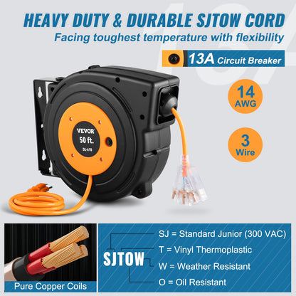 VEVOR Retractable Extension Cord Reel, 50 FT Heavy Duty 14AWG/3C SJTOW Power Cord with Lighted Triple Tap Outlet, 13 Amp Circuit Breaker, 180° Swivel Bracket for Ceiling or Wall Mount - WoodArtSupply