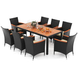 HAPPYGRILL 9 Pieces Outdoor Dining Set for 8, Patio Conversation Set with Acacia Wood Tabletop, Umbrella Hole, Washable Seat Cushions, Rattan Dining Table & Chair Set for Garden Yard Poolside HAPPYGRILL