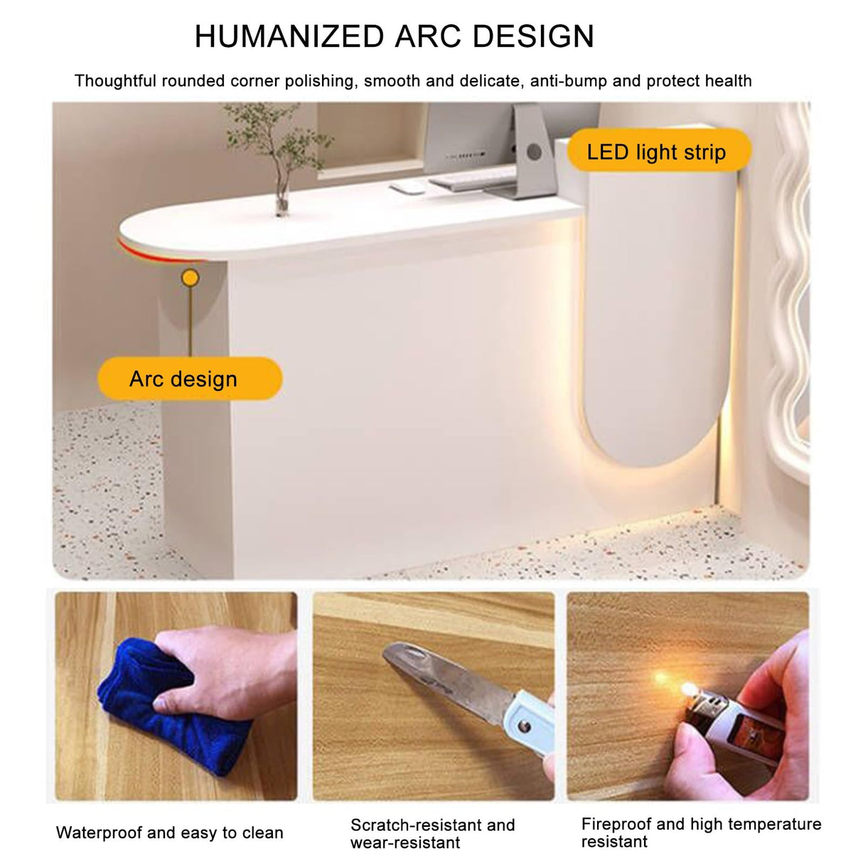 Modern Reception Desk with LED Light Front Counter Commercial Receptionist Table with Lockable Drawer for Home Office Checkout Lobby Beauty Salon(Wood Color - Right) KUKIXKK