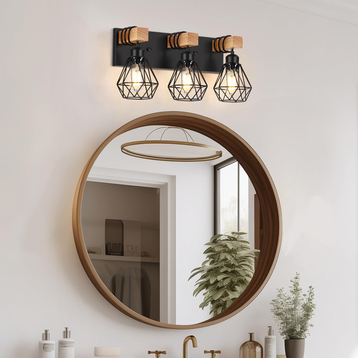 FadimiKoo 3-Light Farmhouse Bathroom Vanity Light Fixtures, Wood Bathroom Lighting Over Mirror, Black Vanity Lights with Metal Lampshade, Vintage Wall Light Fixtures for Bedroom, Living Room, Hallway FadimiKoo