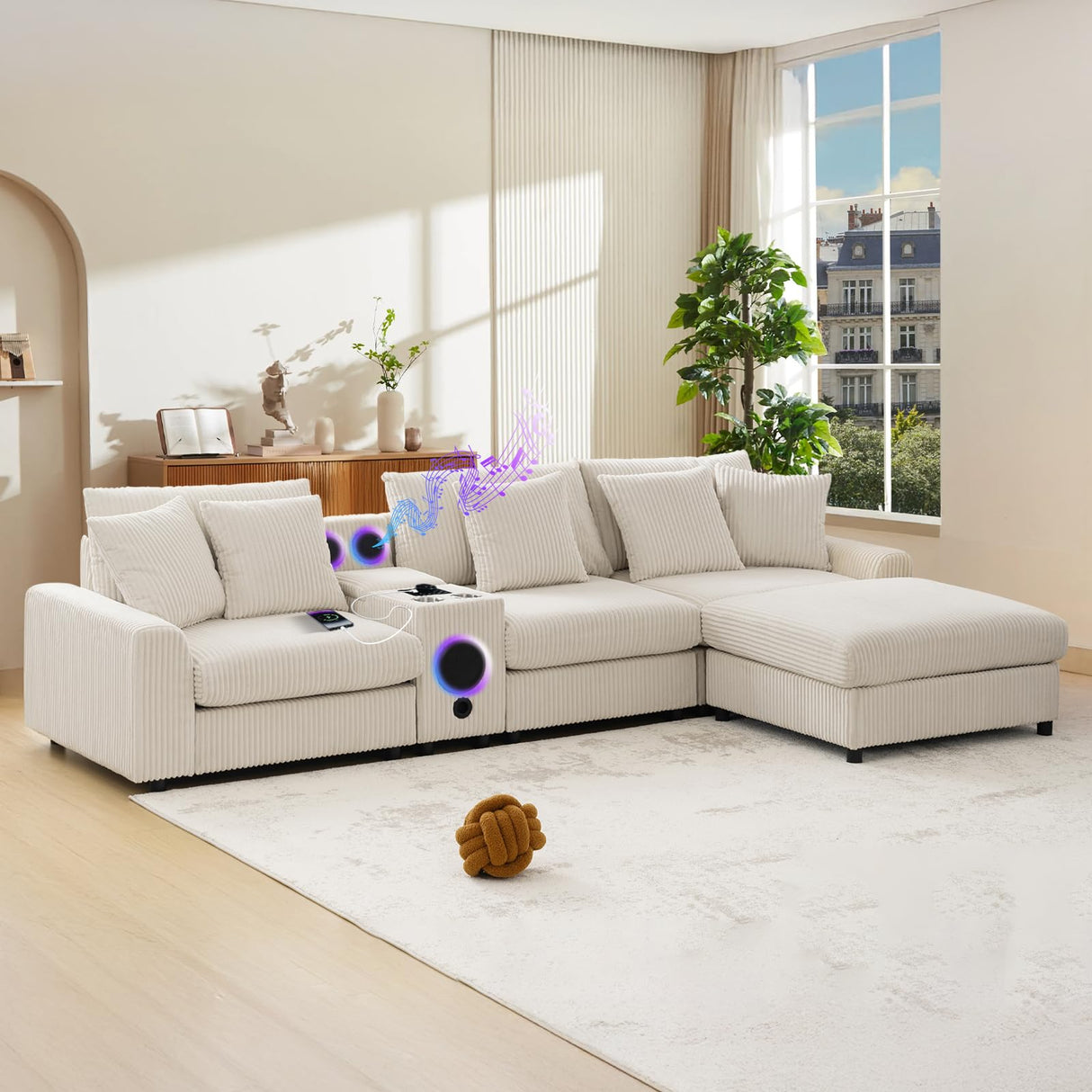 MAKIAAP 114" Corduroy Sectional Modular Couch with Bluetooth Speakers, L Shaped Couches Comfy Deep Sofa with Console, USB Charger, Cup Holders, Storage, Ottoman for Living Room (Beige, 114in) MAKIAAP