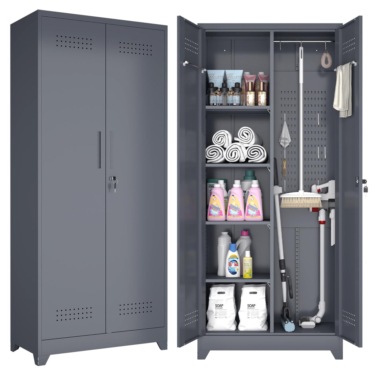 GREATMEET Broom Closet,Broom Closet Storage Cabinet,Metal Garage Storage Cabinet with Lock, Lockable Laundry Room Storage Cabinets,Utility Closet,Broom and Mop Storage Cabinet,Grey 73" H GREATMEET