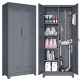 GREATMEET Broom Closet,Broom Closet Storage Cabinet,Metal Garage Storage Cabinet with Lock, Lockable Laundry Room Storage Cabinets,Utility Closet,Broom and Mop Storage Cabinet,Grey 73" H GREATMEET