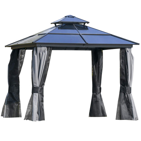 Outsunny 10' x 10' Hardtop Gazebo Canopy with Polycarbonate Roof, Aluminum Frame, Permanent Pavilion Outdoor Gazebo with Netting, for Patio, Garden, Backyard, Deck, Lawn, Gray Outsunny
