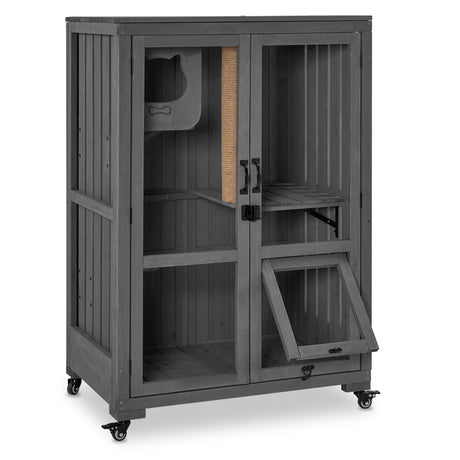MCombo Luxury Cat House with Scratching Post, Wooden Large Cat Villa with Wheels, Multi-Feature Cat Condo with Escape Door, Cat Cages Enclosures with Shelter Indoor/Outdoor 6012-CT83 (Grey) mcombo