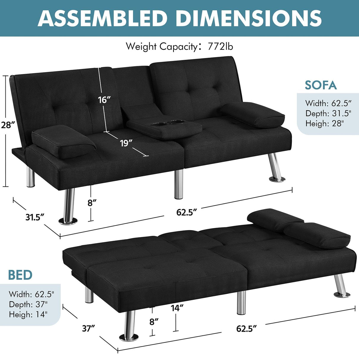 Yaheetech Convertible Sofa Bed Adjustable Fabric Couch Sleeper Modern Recliner Reversible Loveseat Folding Daybed Guest Bed, Removable Armrests, Cup Holders, 3 Angles, 772lb Capacity, Black Yaheetech