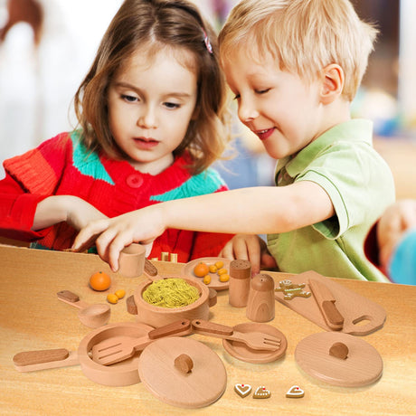 MONT PLEASANT Play Kitchen Accessories Montessori Wooden Toys Kids Kitchen Toy Set Cookware Plates Dishes Pots Pans Cooking Playset 15 Pieces Sensory Toys for Toddlers Girls Boys with Storage Bag MONT PLEASANT