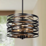 12.6'' Farmhouse Chandeliers for Dining Room, 3-Light Industrial Metal Hanging Light Fixture, Rustic Drum Pendant Light for Entryway Kitchen Foyer Bedroom, Black with Retro Wood Texture Interior ACNKTZ