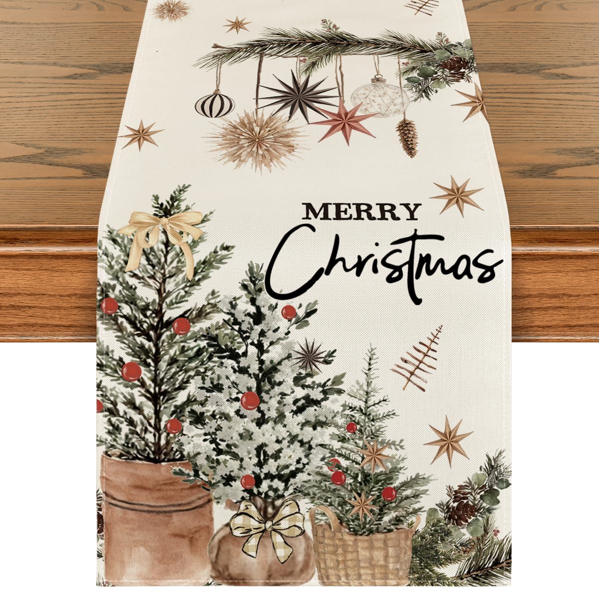 Artoid Mode Xmas Trees Holly Pine Cone Merry Christmas Table Runner, Seasonal Winter Kitchen Dining Table Decoration for Home Party Decor 13x72 Inch Artoid Mode
