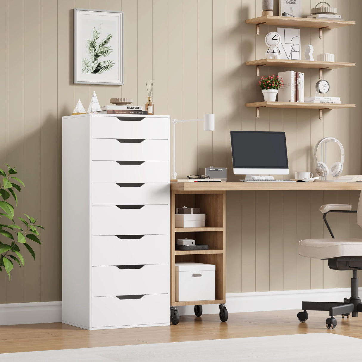 FACBOTALL Tall White Dresser, 8 Drawer Dresser with Groove Handles, White Tall Dressers, Modern Chest of Drawers with Large Storage Space for Home Office FACBOTALL