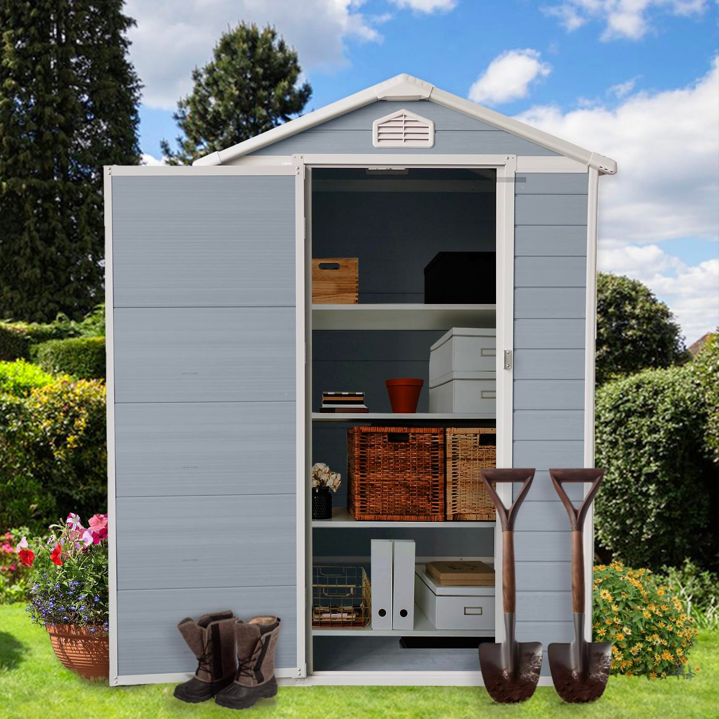 6x4 FT Resin Outdoor Storage Shed with Floor,All-Weather Outdoor Shed with Lockable Door,Window & Sloped Roof,Plastic Outside Tool Storage for Garden,Backyard,Patio,Lawn,Gray