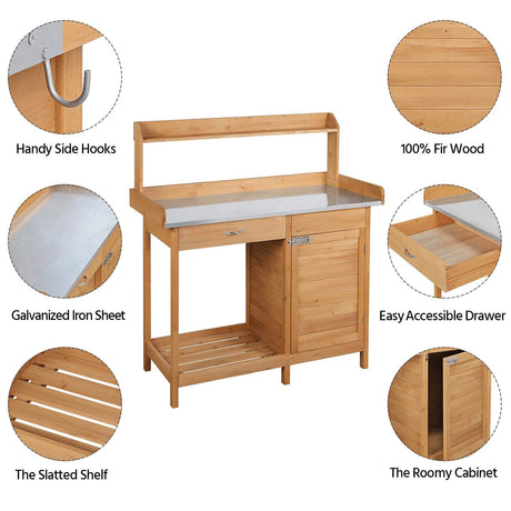 Topeakmart Outdoor Potting Bench Table Work Station Garden Planting with Cabinet & Drawer & Top Shelf & Lower Shelf Natural Wood Topeakmart