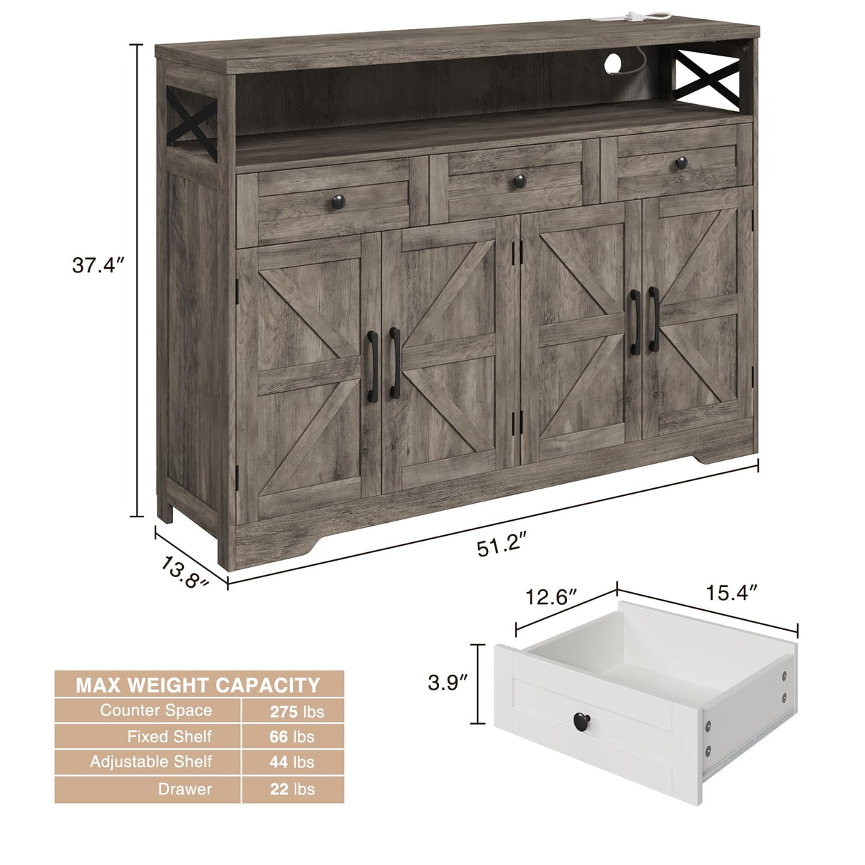 51" Farmhouse Buffet Sideboard with Storage, Kitchen Pantry Cabinet with Storage Drawers, Wood Cupboard Hutch, Coffee Bar Station Table for Kitchen, Living Room, Dining Room, Grey FiveWillowise