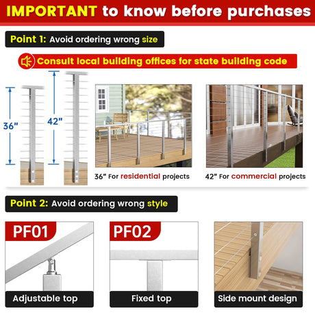 Muzata Side Mount Cable Railing Post 36 Inch 36"x2"x2" Level Drilled Space-Saving Brushed Stainless Steel Cable Railing System Kit Indoor Outdoor with User Guide PF02 LH4S Muzata