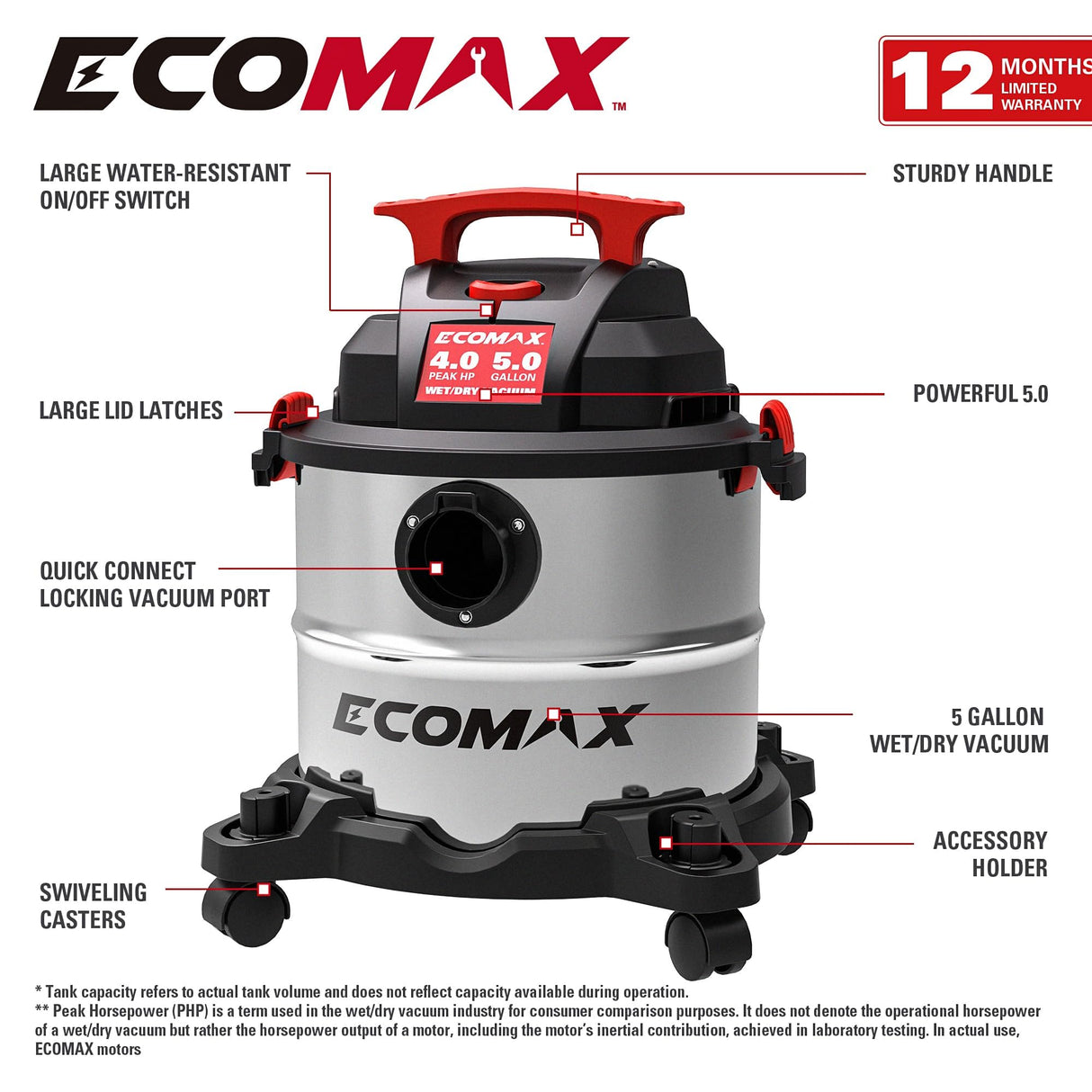 ECOMAX Wet Dry Vac 5 Gallon, 4 Peak HP, Portable Stainless Steel Shop Vacuum Wet/Dry with Powerful Suction-85 CFM, 3-in-1 Wet/Dry/Blow, Shop Vacuum for Home, Workshop, Jobsite, EM18115 ECOMAX