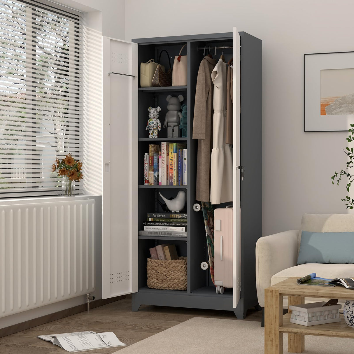 GREATMEET 72.8" H Metal Garage Storage Cabinets, Lockable Broom Closet Storage Cabinet with Doors and Shelves, Utility Cabinets for Storage Locker, Grey-White GREATMEET